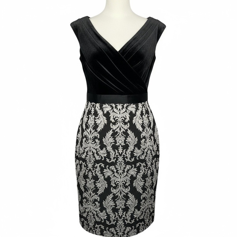 Tadashi Shoji Womens Elegant Velvet Damask Jacquard Sheath Dress Black Silver 10